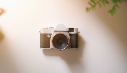 Fototapete - 카메라가 흰색 테이블 위에 놓여 있고, 따뜻한 조명이 은은하게 감도는 부드러운 분위기의 배경
