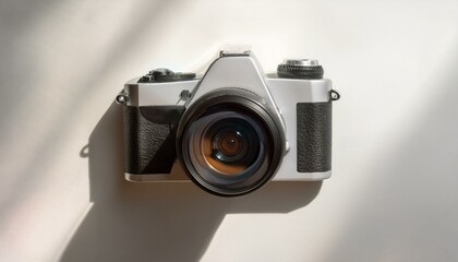 Fototapete - 카메라가 흰색 테이블 위에 놓여 있고, 따뜻한 조명이 은은하게 감도는 부드러운 분위기의 배경
