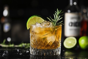 Wall Mural - a gin and tonic cocktail with ice cubes, lime wedges, and rosemary garnish in a rocks glass on the right side of the frame. 