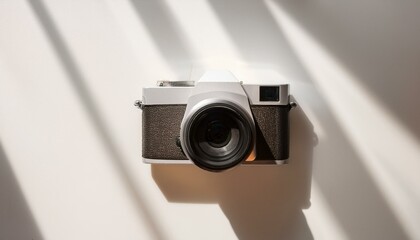 Fototapete - 카메라가 흰색 테이블 위에 놓여 있고, 따뜻한 조명이 은은하게 감도는 부드러운 분위기의 배경
