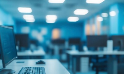 Wall Mural - Blurred office interior background with computer screens and desks. Blurry business work space concept