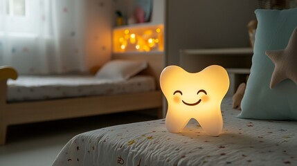 Canvas Print - Smiling tooth nightlight on child's bed, bedroom background