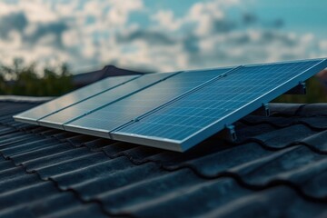 Solar panel array on a residential roof for sustainable electricity generation with a nice sky.