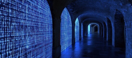 Blue Data Corridor Arched passage, digital code walls, future tech concept