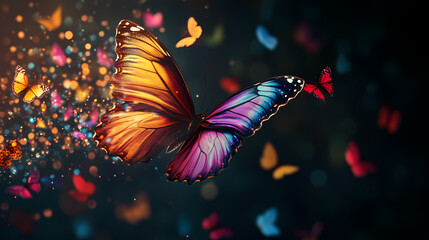 Poster - A vibrant, iridescent butterfly with its wings spread wide, surrounded by a blur of colorful butterflies against a dark background. Iridescent Butterfly Swarms. Illustration