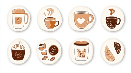 Aufkleber - Delightful style stickers featuring various coffee cups and coffee beans in warm tones for cozy designs. Generative AI