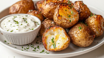 Wall Mural - Freshly baked baby potatoes with creamy ranch dressing in a cozy kitchen setting