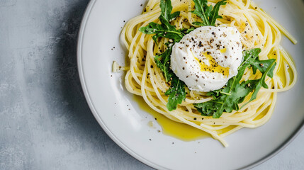 Wall Mural - Spaghetti with arugula avocado sauce and burrata cheese set against a subtle gray background. Poached Egg Pasta