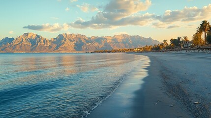 Canvas Print - Sunset beach, mountains, calm sea, resort background, travel