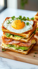 Wall Mural - Delicious toasted sandwiches on wooden board with fresh ingredients in bright kitchen light.Belgian waffles for breakfast. sandwich healthy snack, lunch to work school