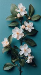 Wall Mural - Delicate white flowers blooming against a vibrant teal background in a serene display of nature