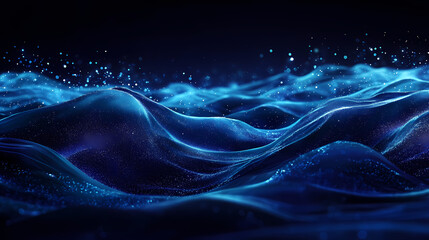 Poster - Dark background with shining indigo waves and sparkling silver dust, deep blue, ocean. Holographic Ocean Waves. Illustration