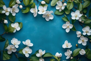 Wall Mural - Delicate white flowers arranged on a vibrant blue background creating a serene and artistic composition