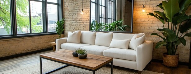 rustic industrial design collection , Modern living room with bright natural light.