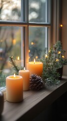 Wall Mural - Cozy winter window decor with candles and pine in warm evening light