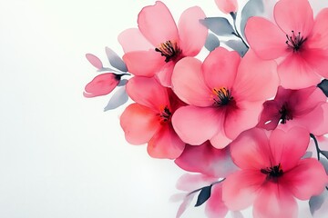 Wall Mural - Beautiful pink flowers in watercolor style with delicate leaves on a white background