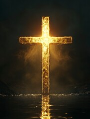 Wall Mural - large cross made of gold, shining in the darkness. The background is dark and gloomy.