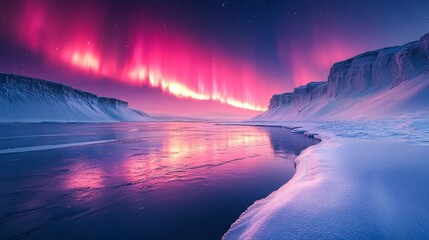 Beautiful winter landscape with bright aurora borealis on the sky.