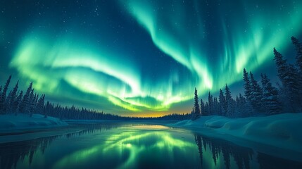 Beautiful winter landscape with bright aurora borealis on the sky.