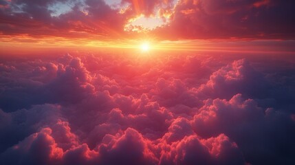 Wall Mural - beautiful colorful sunrise sky with orange and pink dramatic clouds , sun rays , view from stratosph