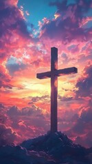 Wall Mural - Large wooden cross stands tall against the backdrop of an orange and blue sky at sunset, symbolizing Jesus' sacrifice for all people. 