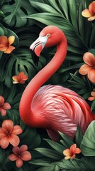 Wall Mural - Colorful flamingo surrounded by tropical foliage and vibrant flowers in natural habitat