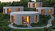 © Peter@studio5 - Modern circular homes nestled in greenery, featuring large windows and warm lighting, connected by a winding stone pathway.