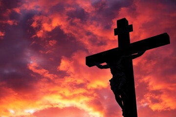 Wall Mural - A silhouette of Jesus on the cross against an ominous sky, symbolizing his sacrifice and majesty during Easter