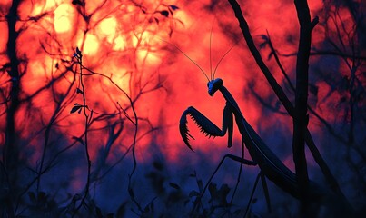 Dramatic Silhouette of a Praying Mantis Against Fiery Red and Orange Sunset Sky