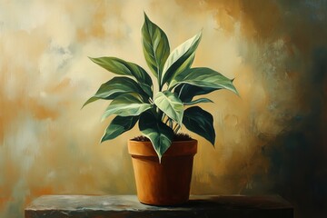 Wall Mural - Green plant in terracotta pot against a warm textured background in an artistic setting