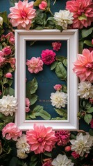 Wall Mural - Floral arrangement with white frame showcasing vibrant flowers on a blue wooden background