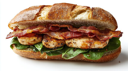 Wall Mural - Turkey, avocado, and bacon sandwich with spinach on a ciabatta roll, isolated on a white background.