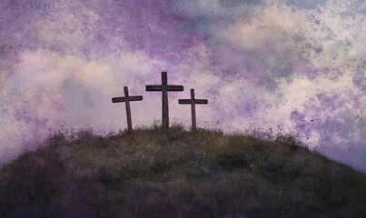 Wall Mural - Three wooden crosses on top of a hill with clouds in the sky, copy space for text