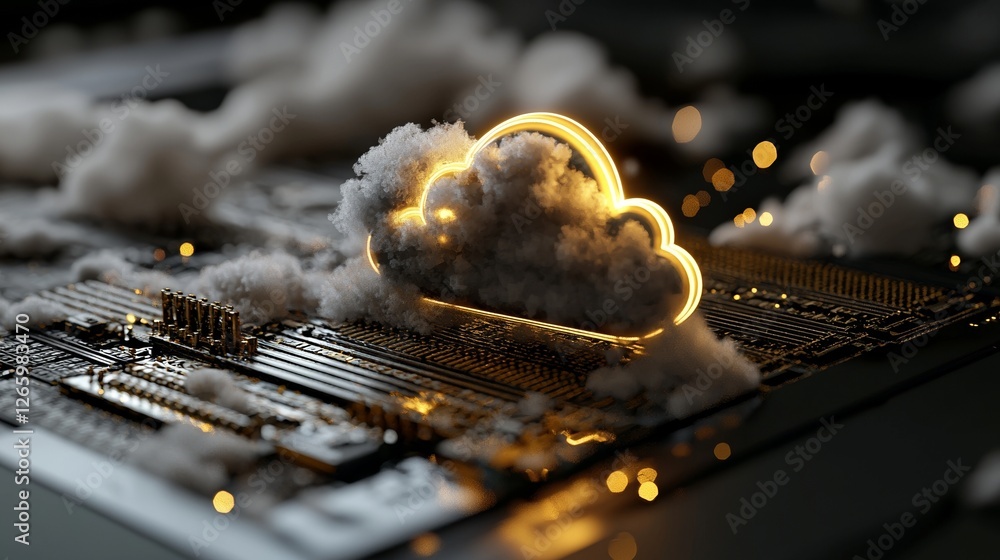 The concept of neon cloud computing is illustrated in a 3D depiction of ...