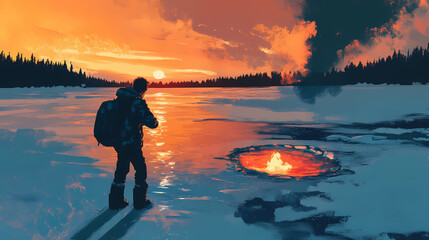 Wall Mural - A young man finds joy and excitement near the ice hole on a frozen lake during winter. Burning Ice Cathedrals. Illustration