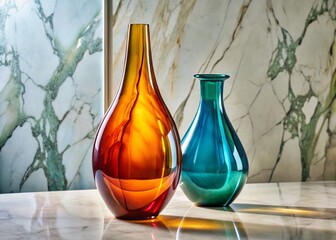 Wall Mural - Modern Glass Vases on Marble Countertop - Panoramic Interior Design Stock Photo