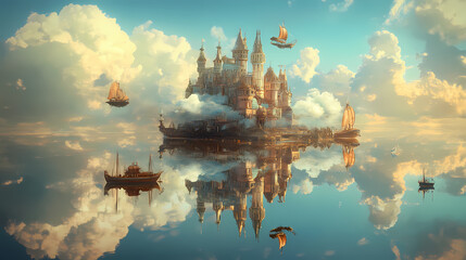 Wall Mural - floating fantasy castle in the sky reflected on water. magical, whimsical landscape with clouds, boa