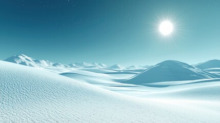 Wall Mural - Snowy landscape. Mountains, sun, and stars create a serene backdrop. Stock image