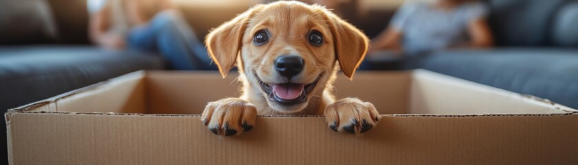 Dog in cardboard box, moving day, family in background, natural light