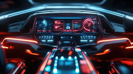 Futuristic Car Interior with Neon Lights and Digital Displays