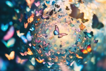 Wall Mural - a vibrant vortex of colorful butterflies swirling in a dreamy, ethereal landscape.