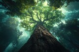 Majestic ancient tree dominates a mystical forest, sunlight filtering through leaves.