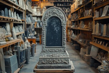 Ornate stone monument displayed among vintage artifacts in a dimly lit store