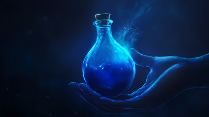 Poster - Mysterious hand holding a glowing blue potion bottle against dark background. Midnight Alchemy Rituals. Illustration