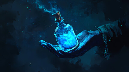 Poster - Mysterious hand holding a glowing blue potion bottle against dark background. Midnight Alchemy Rituals. Illustration