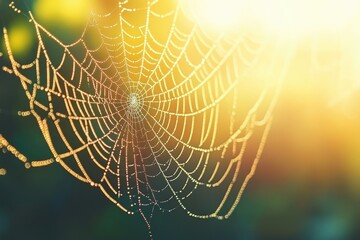 Poster - Dew-covered spiderweb glistening in the morning sun, a delicate and intricate natural design.