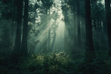 Aufkleber - Sunbeams pierce through a misty, dark forest, illuminating the ancient trees and undergrowth.