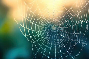 Poster - Intricate spiderweb glistening with morning dew, a delicate natural design against a blurred background.