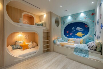 Wall Mural - Modern and playful children's bedroom with capsule-shaped bunk beds, ocean-themed decor, and soft, inviting lighting