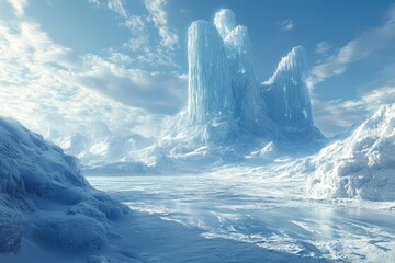 Fototapete - A majestic icy landscape with towering, crystalline structures under a bright, partly cloudy sky.